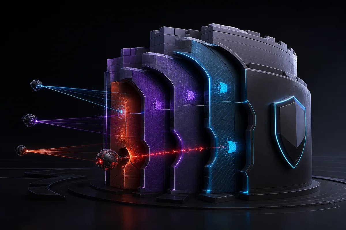 Scanning beams test the layered defences of a digital fortress and reveal an attack path
